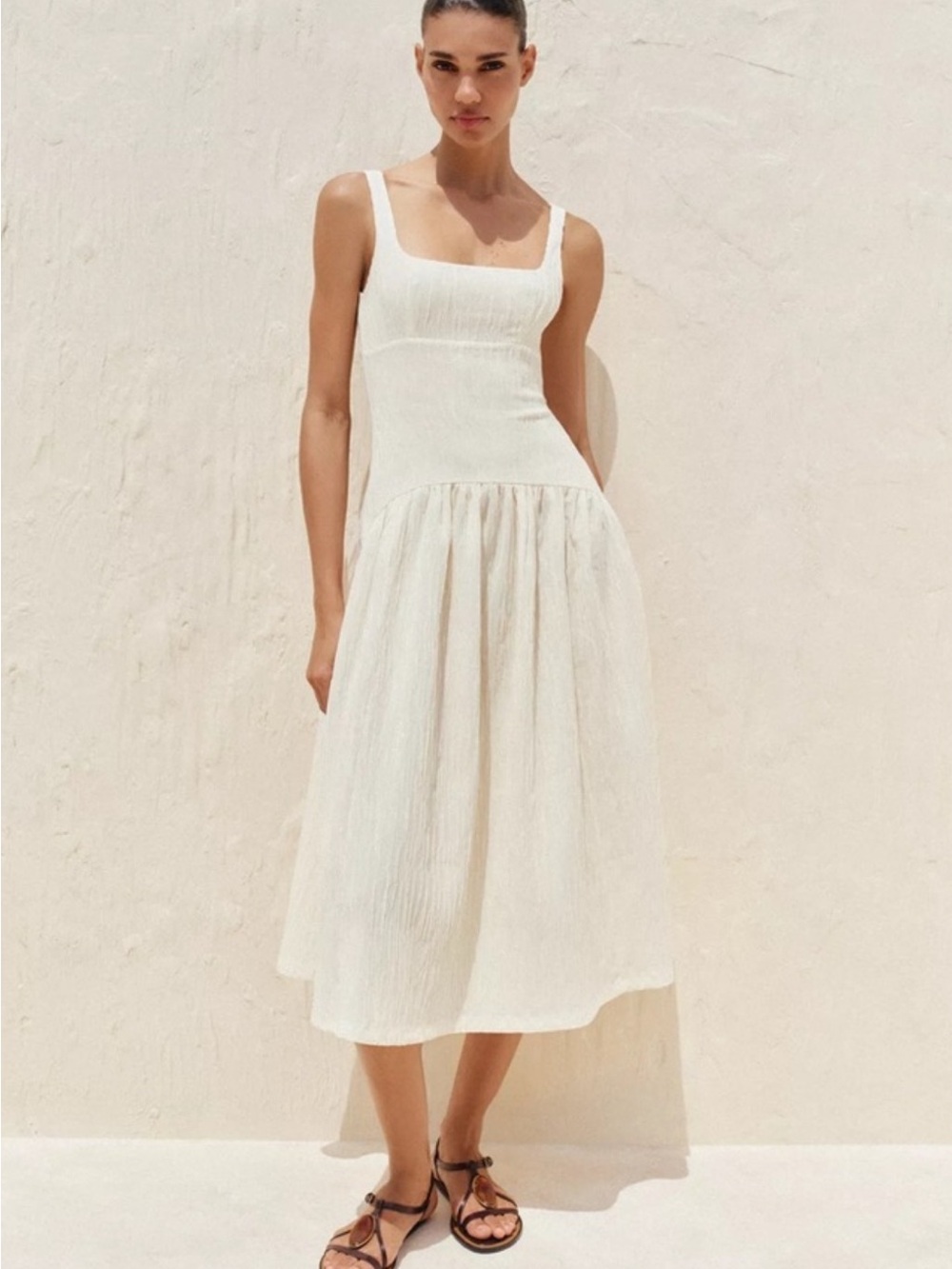 Zara White Square-Neck Textured Midi Dress